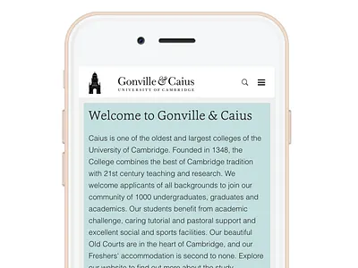 Gonville & Caius College website (mobile) cambridge college mobile ui university website