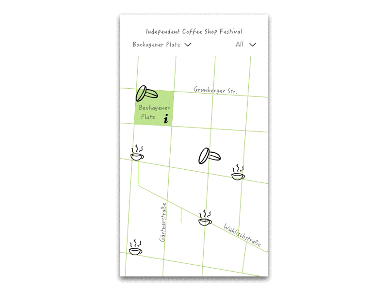 Independent Cafe Festival animation berlin cafe coffee dailyui ios map minimal mobile principle ui ux