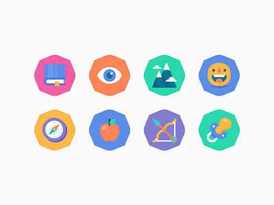 Fizmix - Level badges apple book bow and arrow compass emoji eye face flat icon set illustration mountain pacifier