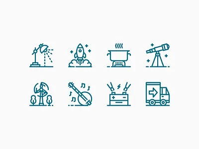 Fizmix - Icons Pt. 1 banjo battery icon set illustration lamp line music physics pictogram rocket telescope truck