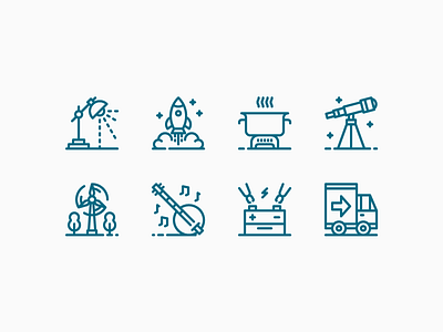 Fizmix - Icons Pt. 1 banjo battery icon set illustration lamp line music physics pictogram rocket telescope truck