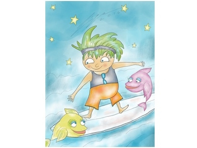 Night Surfing cartoon fish night ocean sea stars surfboard surfing