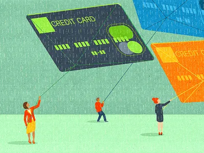 Credit History banking conceptual credit card editorial illustration kites money people personal finances storm textured textures