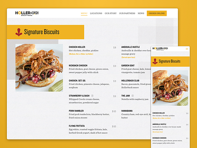 Holler & Dash Biscuit House Website design food menu restaurant southern texture ui ux web