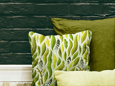 Birds In Trees Mockup cover cushion design fabric feathers green illustration leaves nature pattern pillow plants