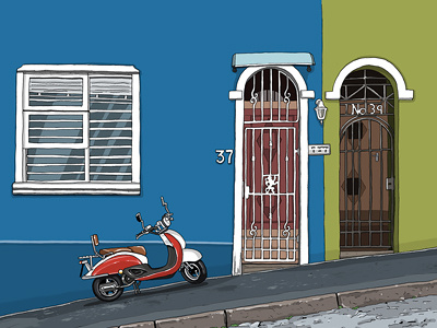 Bokaap blue gate green illustration moped scooter sidewalk street wall