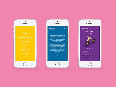 Leg&Go website mobile view bike color colourful fun kickstarter kids menu mobile responsive slider startup website