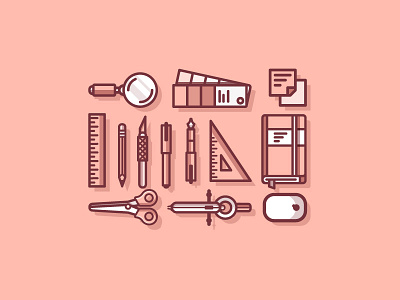 office stuff apple flat icon illustration knife mouse pantone pen pencil ruler scissors symbol