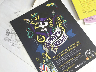 Esprit de Krewe alcohol filigree illustration krewe lettering mardi gras skeleton vodka