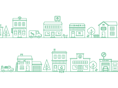 Little Green Neighborhood business cafe dentist diner illustration local neighborhood stores street suburb town village