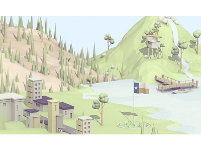 Lake Side City boat city digital art isometric lake low low poly mountain poly tree water