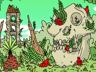 Skull Jungle bones character drawing illustration jungle plants red ruins skull tower