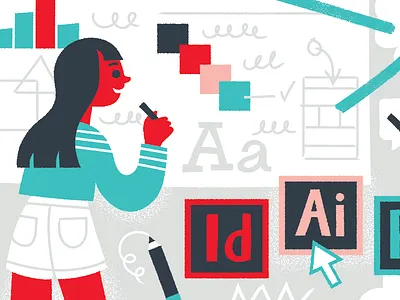 at the drawing board adobe character creative designer drafting graphic illustration illustria office palette swatch typography