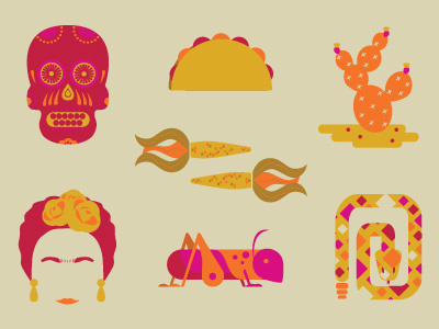 Mexico City Icons cacti corn frida kahlo grasshopper nopales snake sugar skull taco