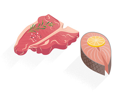 Surf n' Turf cooking drawing food illustration ingredients menu restaurant retro salmon shadow steak texture