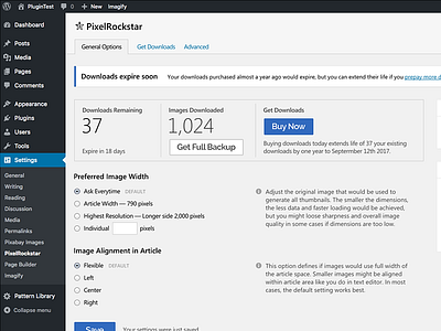 PixelRockstar Settings blue interface options photo photos plugin settings stock tool ui ux wordpress