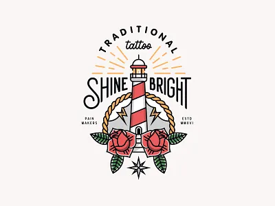 Print for sale badge flat illustration lettering lighthouse lineart outline rose tattoo typography