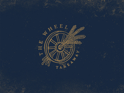 The Wheel Takeaway cincinnati distress gold grit hand drawn logo navy oval pizza typography wheat wheel