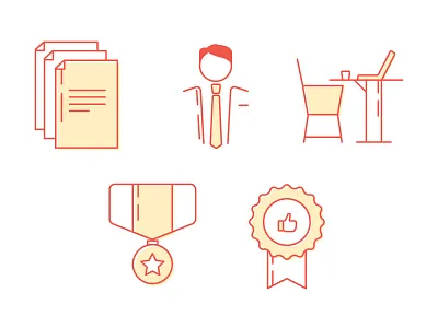 Work n Achieve achievement design goals icons laptop like medal office paperwork table