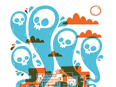 Boombox Ghosts 80s boombox fire forest ghosts illustration jetpacks and rollerskates skateboard skull tech wood