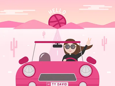 Hello Dribbble belia simm car cross country desert driving first shot hello hello dribbble illustration mini cooper mountains road trip