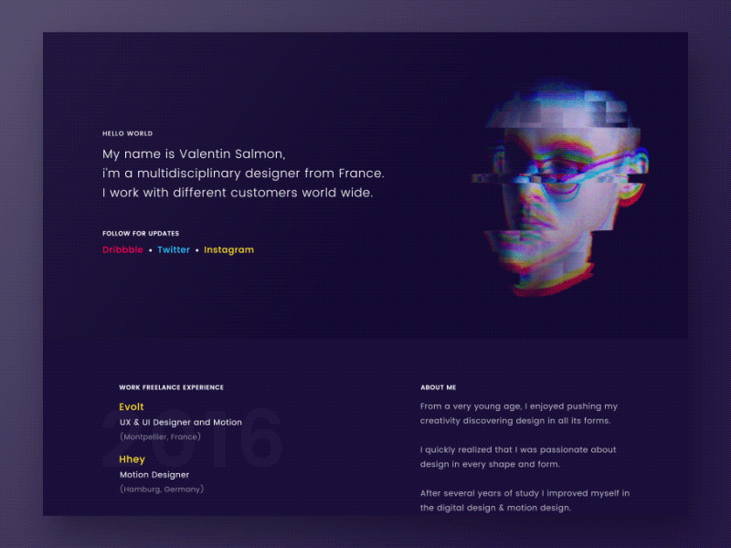 Portfolio preview designer glitch minimal onepage portfolio preview ui ux valentin salmon web website