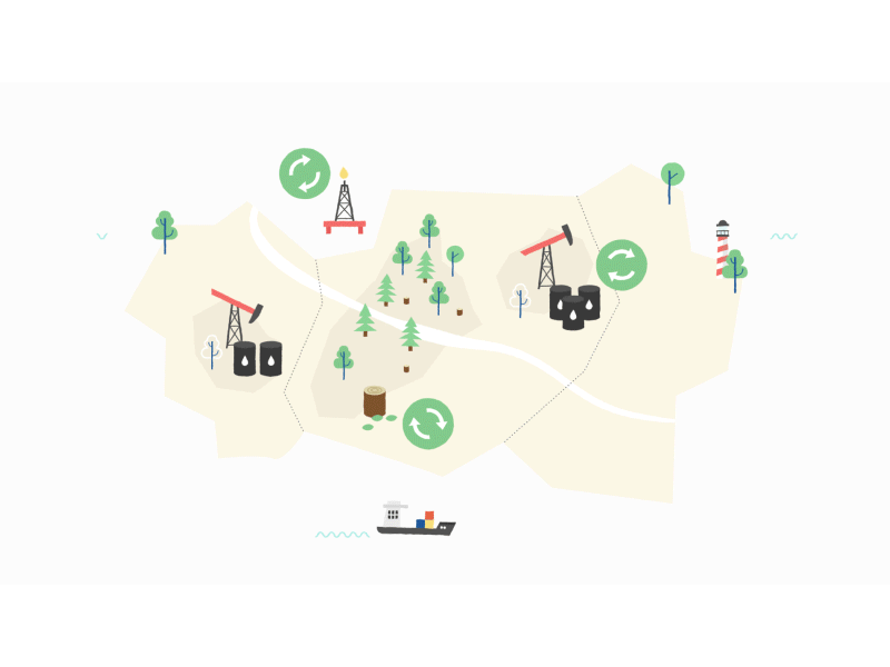 Map natural resources barrel boat forrest gas lighthouse map oil ship trees