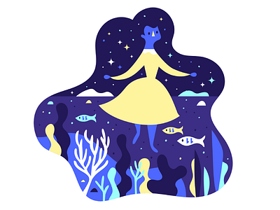 Sea-lestial Hair blue fish hair illustration lady sea stars yellow