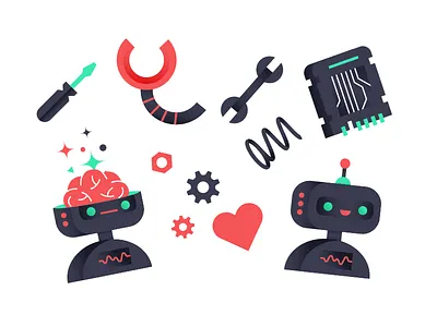 Robot parts brain circuit board gear heart illustration robot tools
