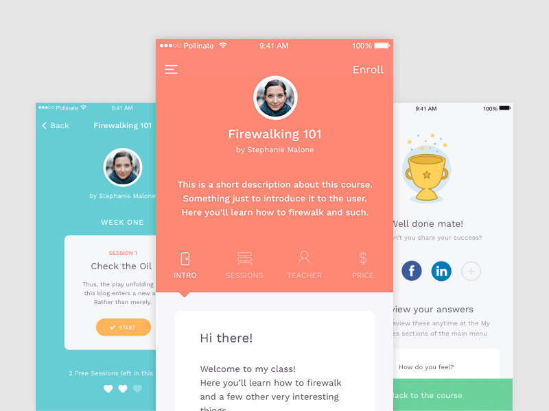 Pollinate Case Study Detail case study course education learning mobile app profile sessions teacher ui ux webapp