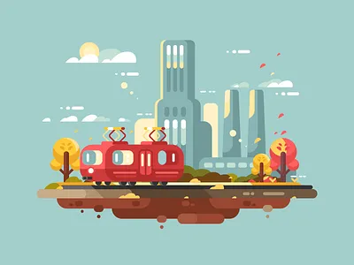Retro tram autumn city flat illustration kit8 retro tram transportation urban vector