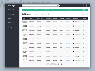 IVR System Interface 2.0 dashboard interface ivr wireframe