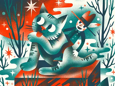 Cat rider under crimson moon light cat cowboy cube feather illustration moon red stars