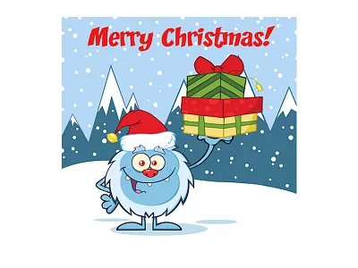 Yeti Cartoon Mascot Character With Santa Hat Holding Up A Gifts animal cartoon character christmas illustration mascot monsrer snow snowman stickers vector yeti