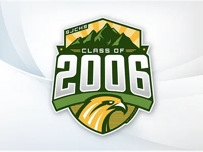 Class of 2006 gold green hawk logo mountains shield sports typography