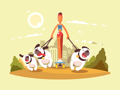 Walk with Dogs character dog flat girl illustration kit8 outdoor skate vector walk woman