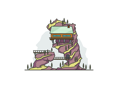 Mountain resort architecture house landscape lineart mountain rock waterfall