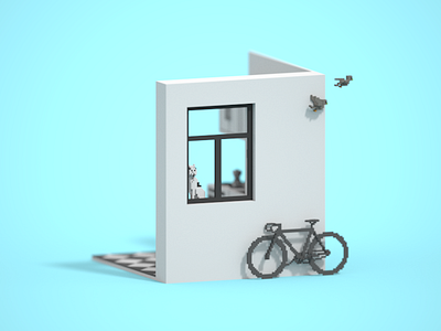 morning view 3d bike birds cat coffee kitchen magicavoxel room voxel voxelart