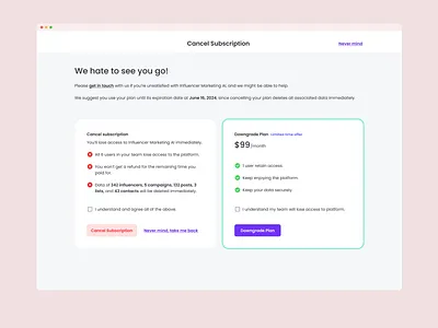 Cancel Subscription bullet cancel cancellation check checkbox checkmark close comparison destructive downgrade hate never mind optons plans saas subscription ui ux web app x