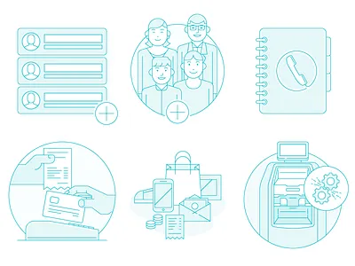 Bank Empty State Illustrations Early Concept atm book credit card edc family group illustration line mobile app people phone shopping