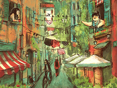 Neighbors bicycle illustration italy laundry neighbors poster street vivid