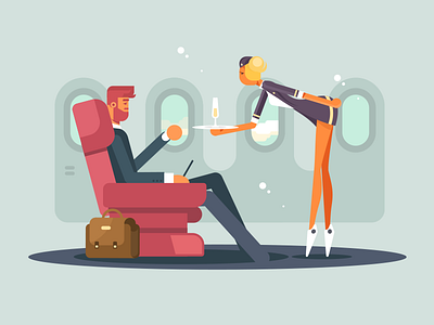 Business class attendant character flat flight illustration interior kit8 man plane stewardess vector