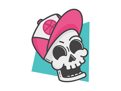 Dribbble is my thinking cap when I'm brain dead! cartoon dead dribbble hat illustration inspiration line art pink skull sticker teal thinking