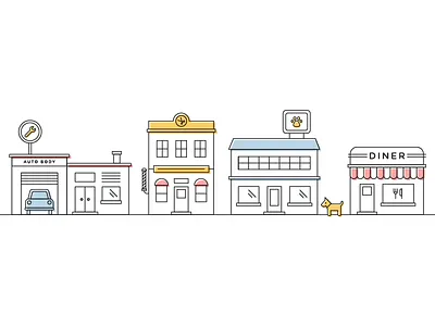 Little shops diner neighborhood neighbors primary shops stores street town village