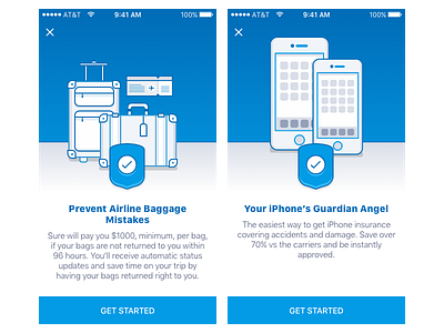 Onboarding screens with some new illustrations. baggage blue icons illustration insurance iphone onboarding protection