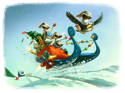 Grandfather`s hares card draw hares hny new year painting snow
