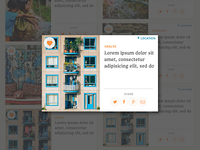 Story UI Card blue card location open sans orange quando share stories story ui card ux web