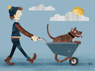 Walking the Dog animal childrens dog fun illustration man pun wheelbarrow