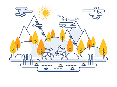 Line autumn landscape with deers autumn deer landscape line mood nature orange outline sun warm weather