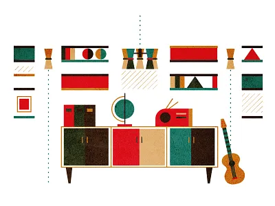 1970s Shelves 1970s design globe guitar home illustration interiors shelf